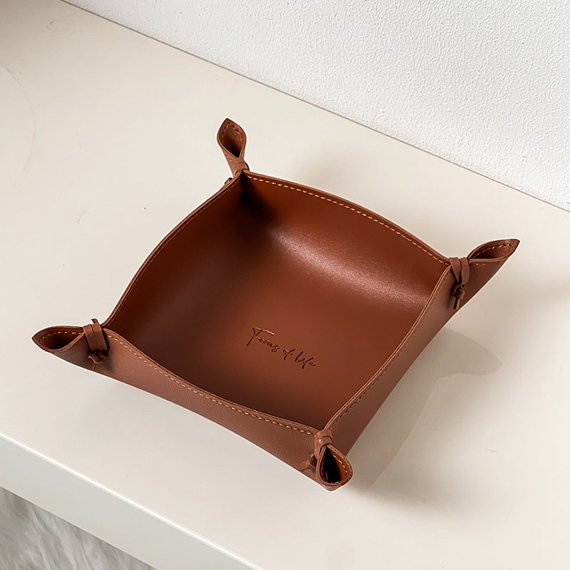 Woven leather valet tray, brown small