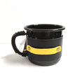 Enamel camp mug with stitched leather sleeve, black