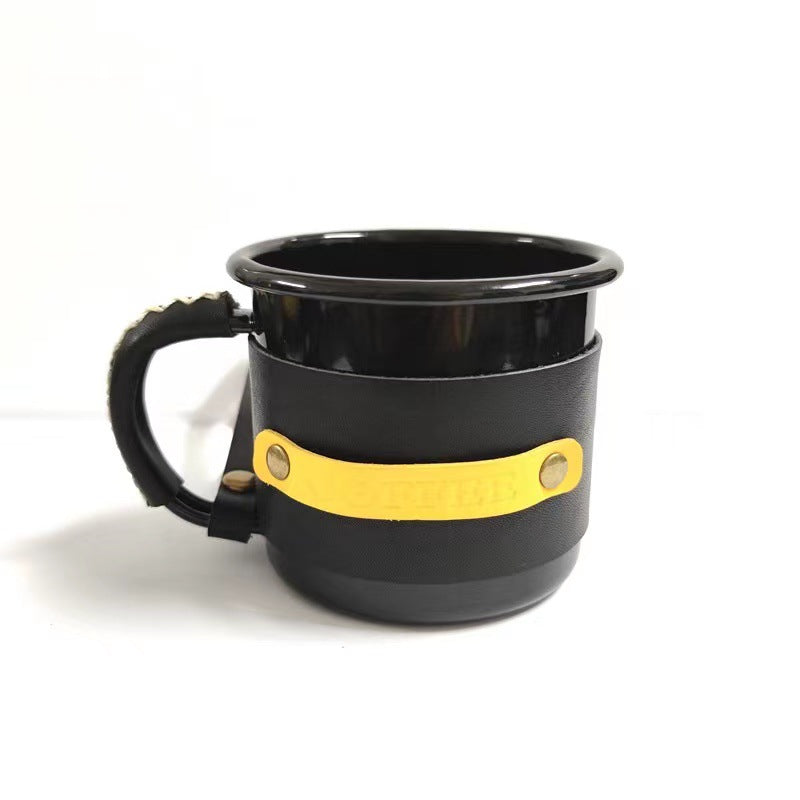 Enamel camp mug with stitched leather sleeve, black