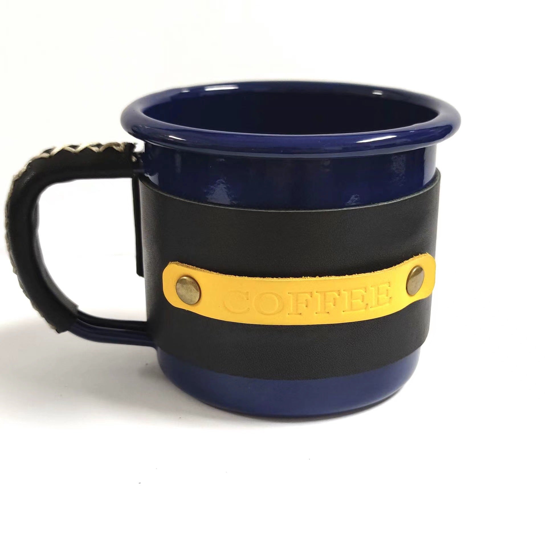 Enamel camp mug with stitched leather sleeve, blue