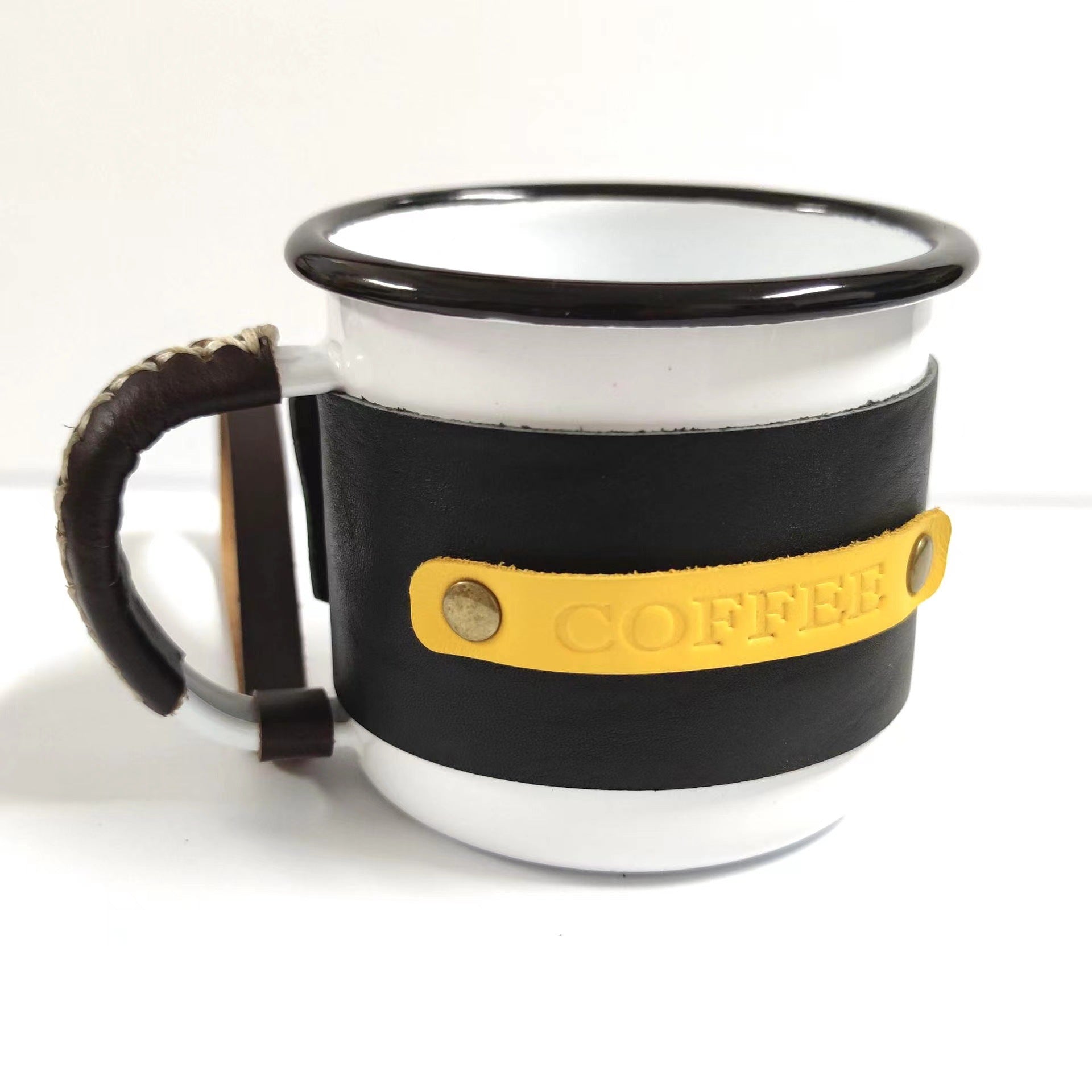 Enamel camp mug with stitched leather sleeve, white