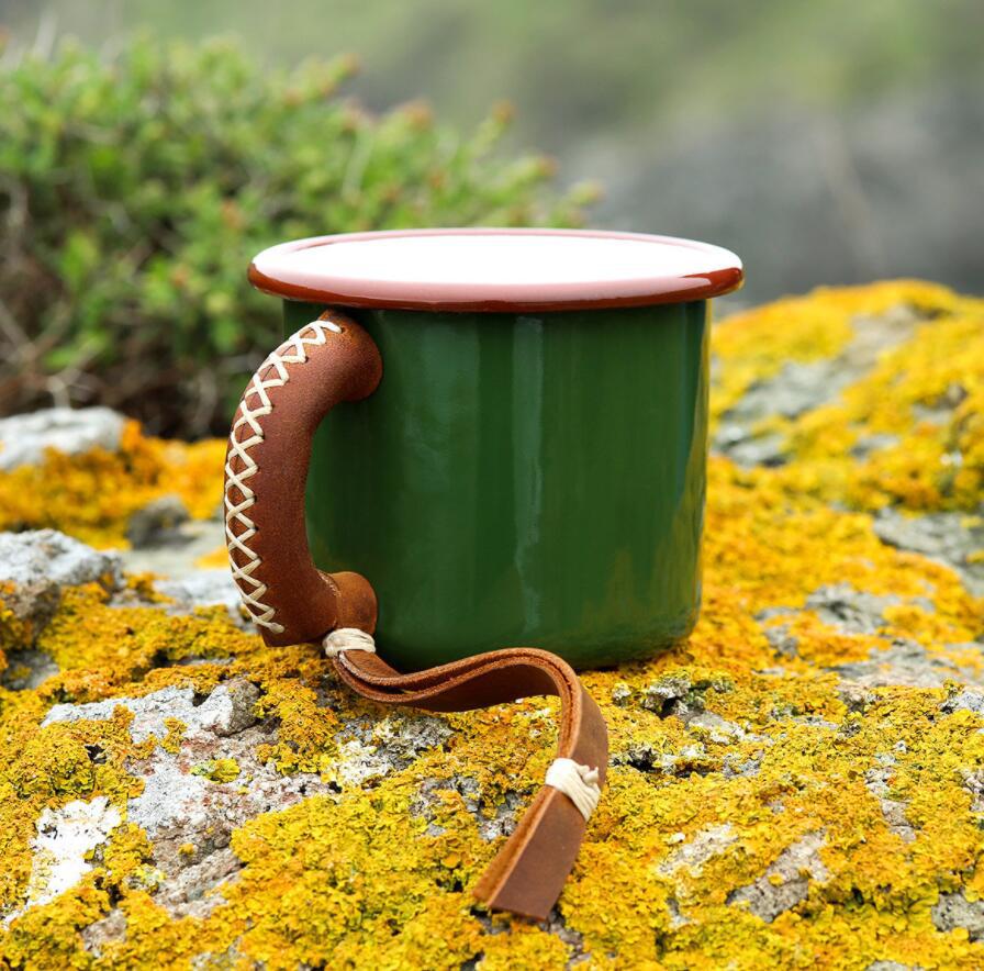 Enamel camp mug with stitched leather sleeve — view 2