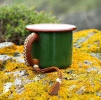 Enamel camp mug with stitched leather sleeve — view 2