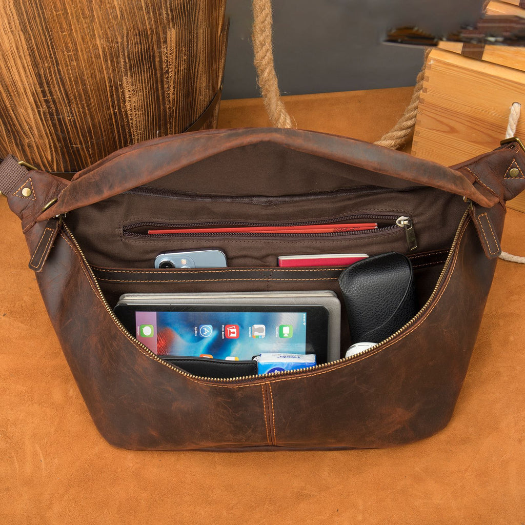 Oiled leather messenger bag in brown in brown, brown
